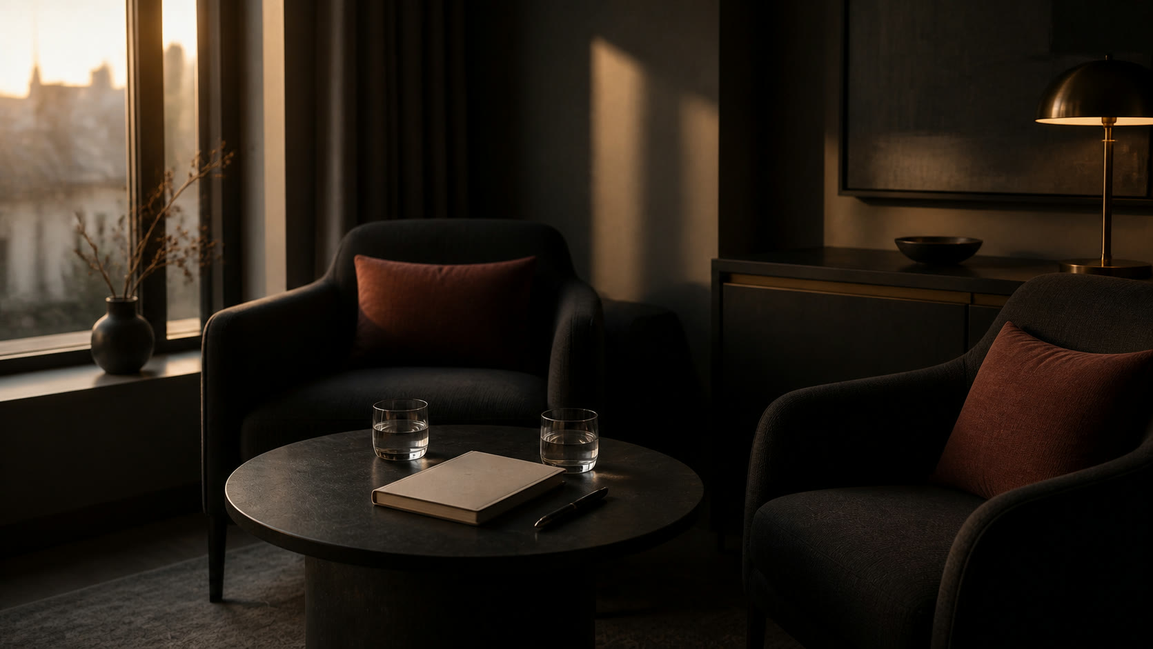 Two comfortable chairs prepared for a calm conversation beside a window.