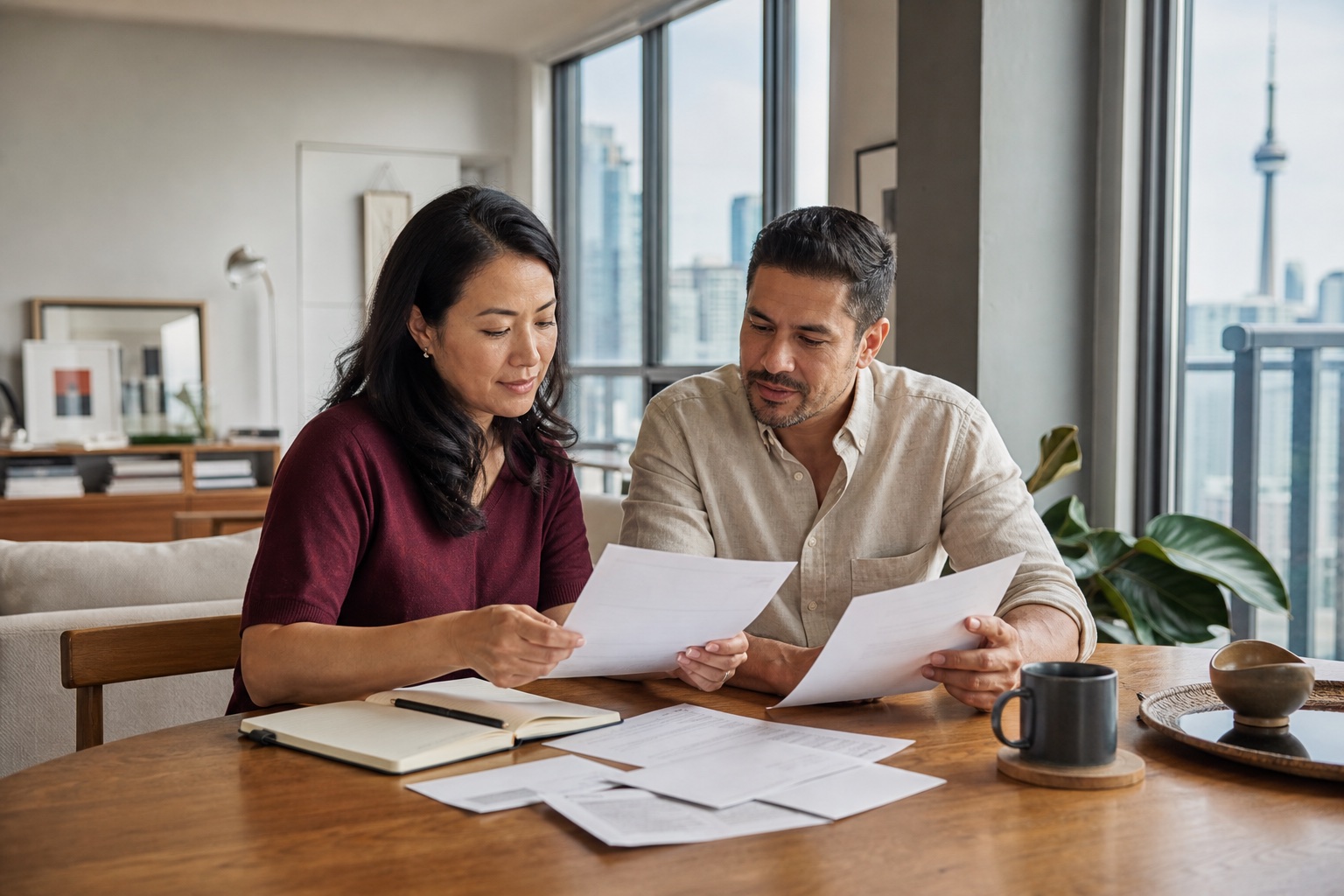 A couple calmly reviewing household documents together at a dining table.