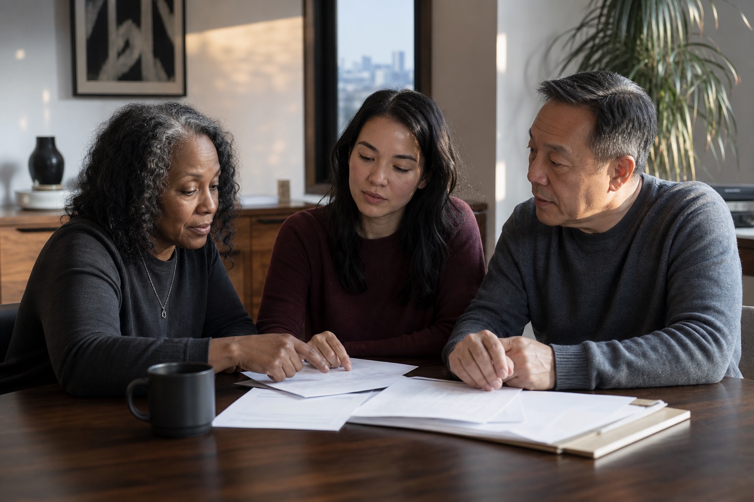 Three family members calmly reviewing household documents together at a dining table.