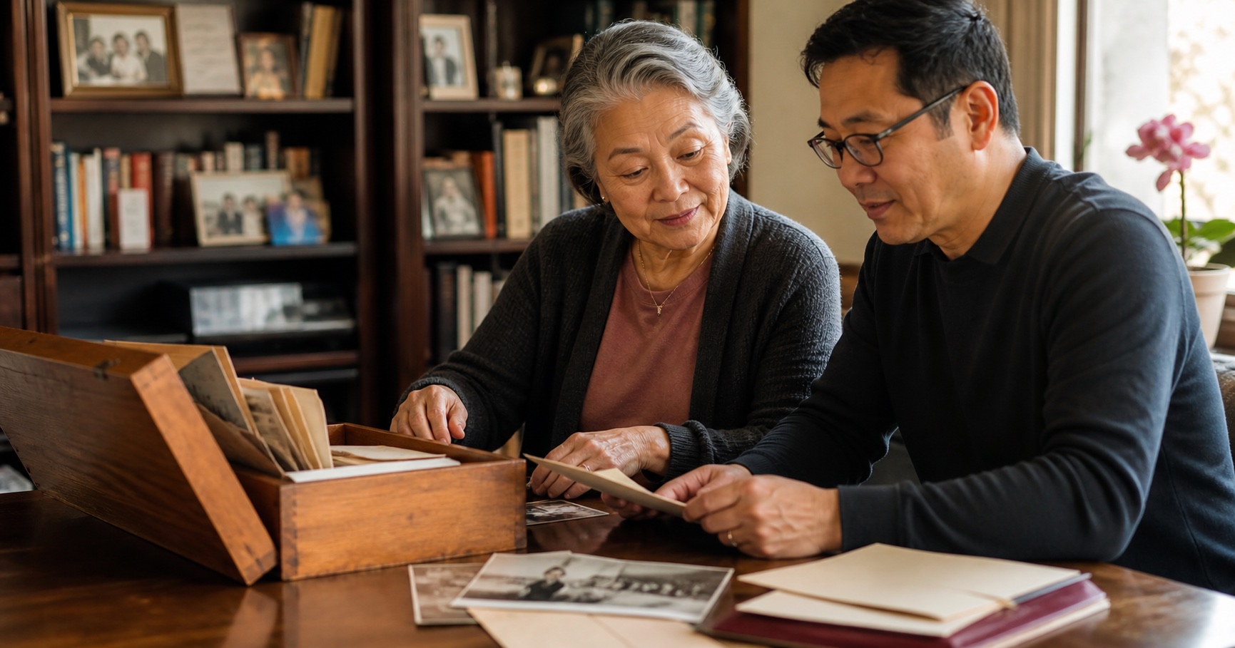 Two generations organizing family photographs and an archival keepsake box